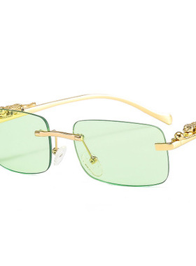 猎豹装饰无框方型太阳镜彩色男女复古豹子头金属墨镜sunglasses