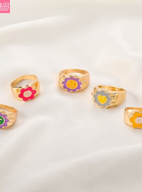 Simple heart new smiley flower rings cute expression ring 戒