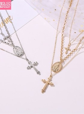 fashion multi-layer Necklace popular 3-layer cross choker 女