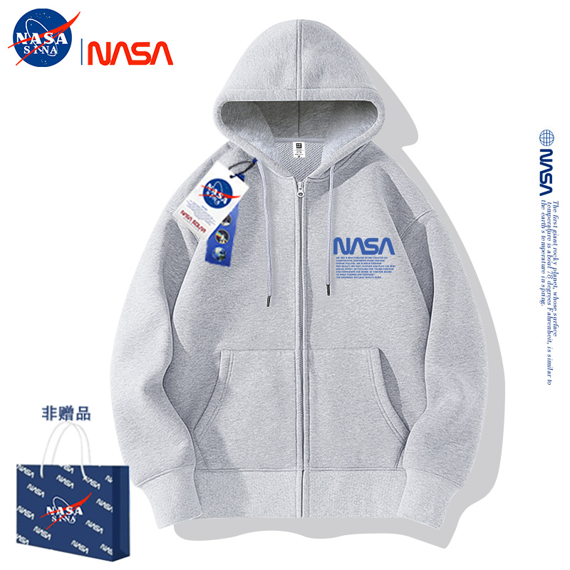 NASA联名美式开衫卫衣男女同款夹克连帽宽松情侣装秋加绒加厚外套 - 图0