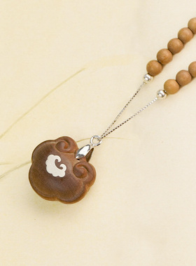 印度老山檀香镶嵌纯银平安锁吊坠