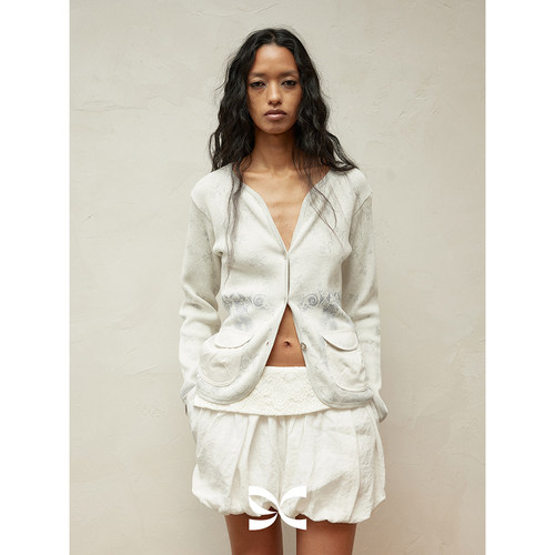 SQUARE CIRCLE 方圆原创海洋印花棉感坑条慵懒针织毛衣开衫上衣 - 图0