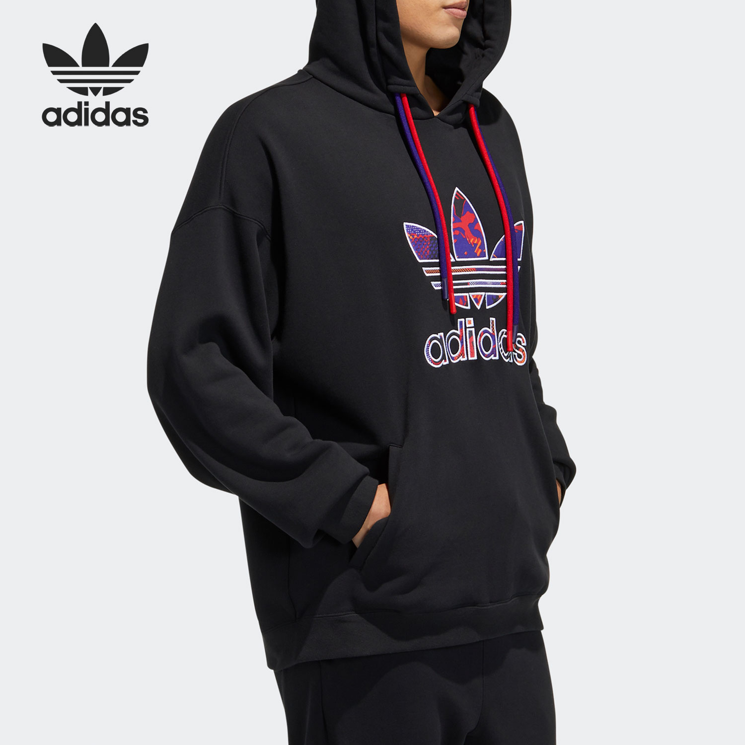 Adidas/阿迪达斯三叶草男子印花透气连帽宽松针织运动卫衣GP1865-图2