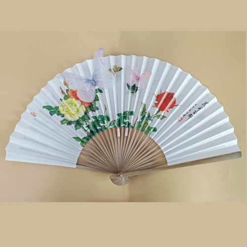 剧目飞花蝶语舞蹈扇子带2只蝴蝶朝鲜舞蹈折扇道具宣纸油竹30方 - 图0