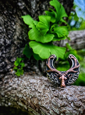 原创马蹄形鹿头戒指渡鸦纯银欧美