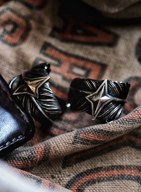 渡鸦原创印第安纯银嵌金羽毛戒指