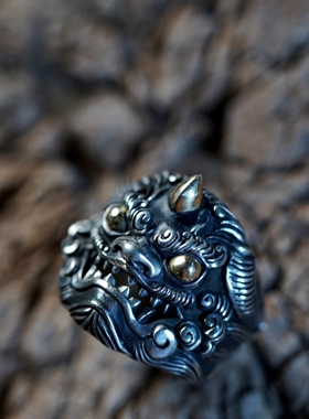 渡鸦默物原创国潮瑞兽醒狮银戒指