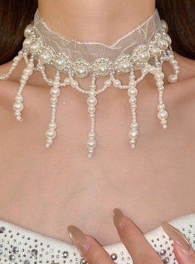 「嗔三酱」网纱珍珠流苏时尚项链法式复古宫廷风颈链轻奢感项饰女