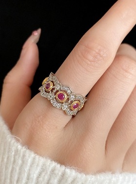 「嗔三酱」新款锆石圆形镂空开口戒指法式复古时尚气质食指戒手饰