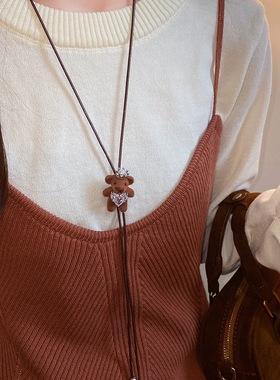 「嗔三酱」钛钢锆石植绒珍珠小熊吊坠项链2025新款百搭锁骨链项饰