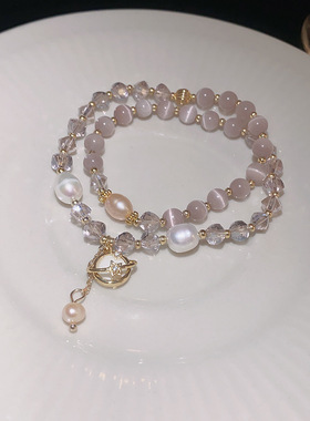 「嗔三酱」猫眼石水晶珍珠双层手链新中式国潮百搭手环小众感手饰