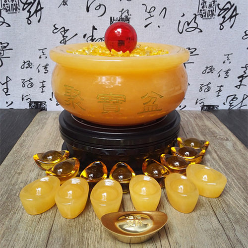 九星转动黄玉聚宝盆摆件德明敬制转动聚宝盆招财客厅玄关玉石摆件 - 图0