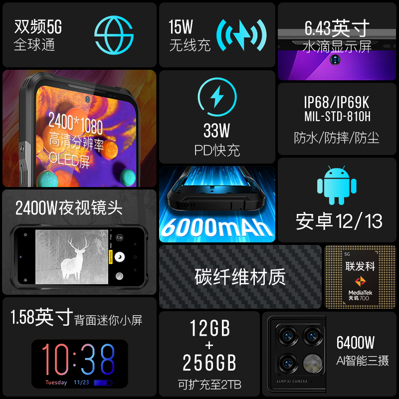 道格V20Pro全新热成像三防手机智能双屏5G防水无线充夜视超长待机-图0