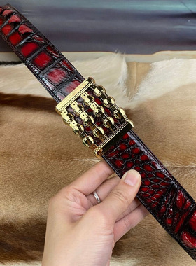 擦色红色鳄鱼皮男士皮带真皮百搭商务裤带平滑扣腰带男带宽3.8cm