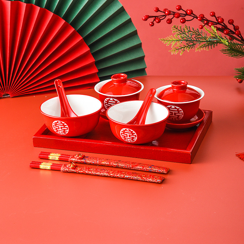 中式金边双喜结婚陶瓷红色碗筷勺套装礼盒娘家陪嫁高脚碗高档回礼,淘宝优惠券,粉丝福利购,淘宝优惠卷