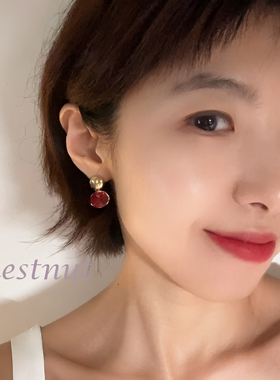 复古港风酒红圆钻耳环女 双层金珠轻奢波浪金边气质通勤短发耳坠