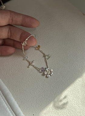 原创S925纯银泰银海蓝宝紫水晶黄水晶小花碎银子手链精致小众