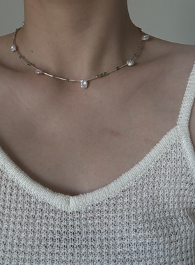 松间S925纯银天然巴洛克珍珠橄榄石竹节泰银项链颈链清新文艺小众