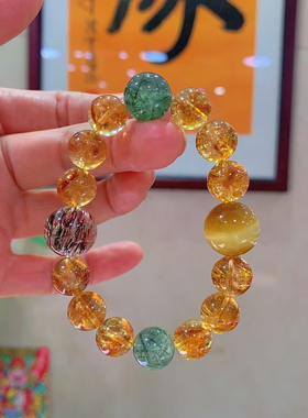 天然黑金超七水晶手链女款黄塔晶绿色发晶手串招财貔貅转运珠原创