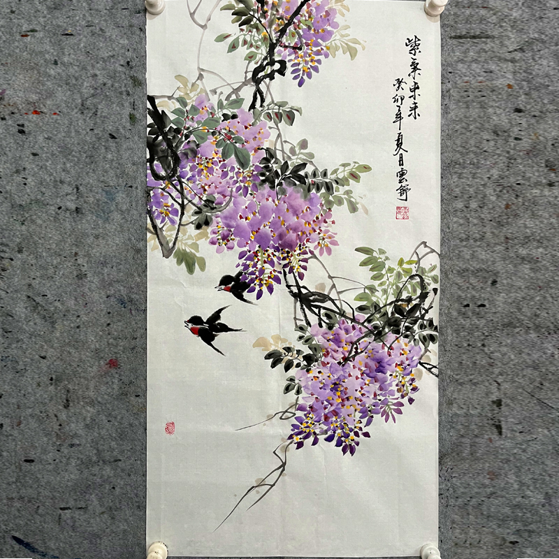 紫藤花字画入户中式玄关紫气东来装饰画国画手绘真迹走廊尽头挂画