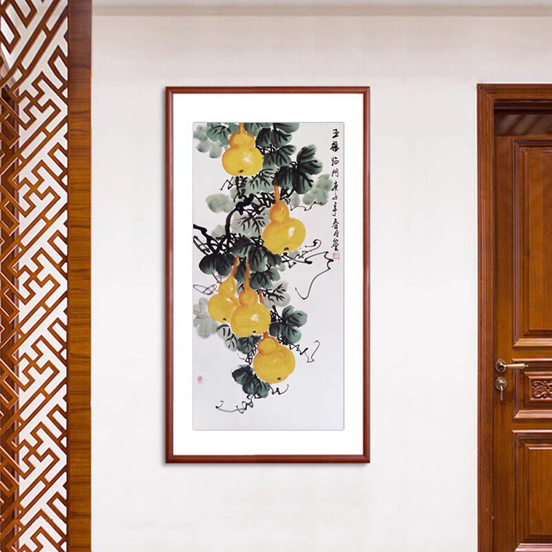 五福临门国画纯手绘中式玄关过道装饰挂画客厅餐厅竖版福禄画葫芦,淘宝优惠券,粉丝福利购,淘宝优惠卷