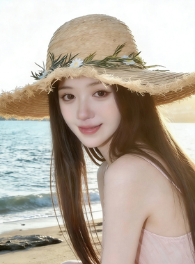 度假风蹴鞠花大檐防晒草编帽子女