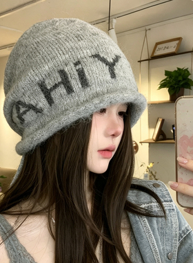 韩系灰女秋冬新款保暖护耳针织帽