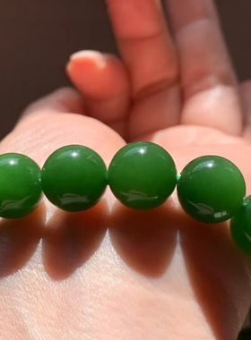 收藏级别俄罗斯七号矿品质和田玉碧玉浓辣阳绿手链帝王绿手串12