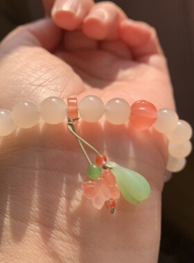 和田玉浓藕粉手链青海老料藕粉手串女款手钏配碧玉粉青兰花提留8