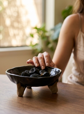 侘寂风陶瓷三足碗花釉收纳托盘