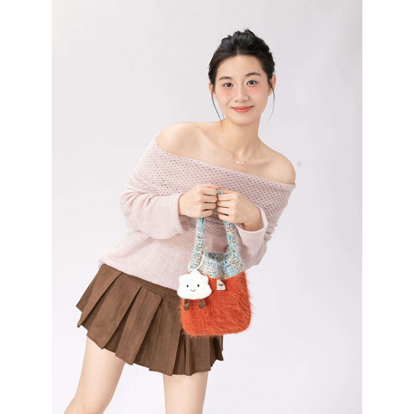 橙子少女韩系可爱撞色编织毛线女包2025秋冬新款毛绒包小众手提包