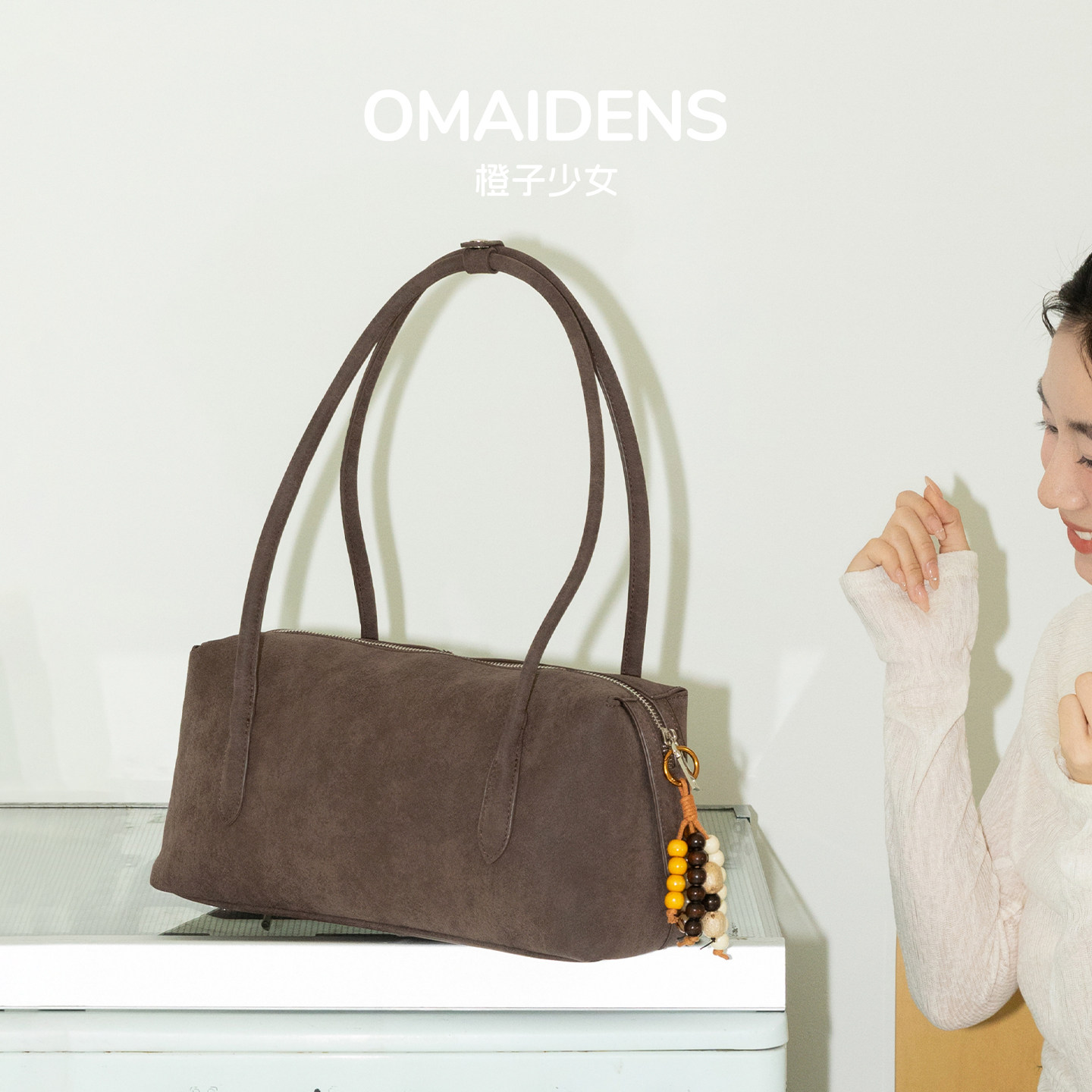 橙子少女复古麂皮保龄球包女2026新款腋下法棍包通勤手提单肩包包,淘宝优惠券,粉丝福利购,淘宝优惠卷