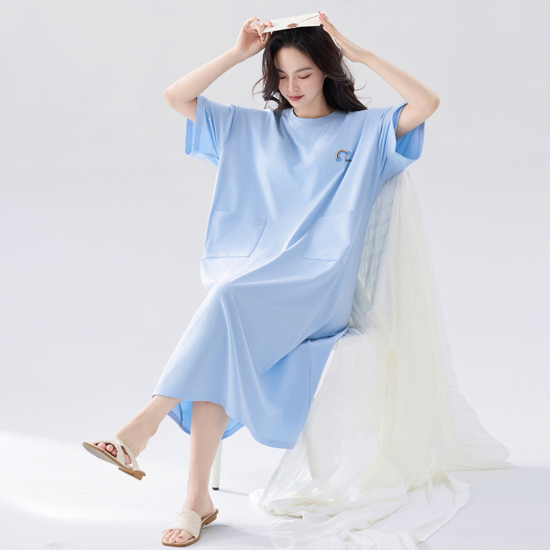 富芬腾睡裙女夏季2025新款A类纯棉套头短袖连衣裙简约外穿家居服