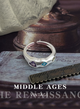 vintage个性彩色锆石爱心戒指小众轻奢高级感开口可调节食指手饰