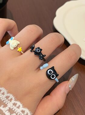 卡通滴油可爱黑色猫咪小鱼开口戒指女设计感个性可调节学生手饰