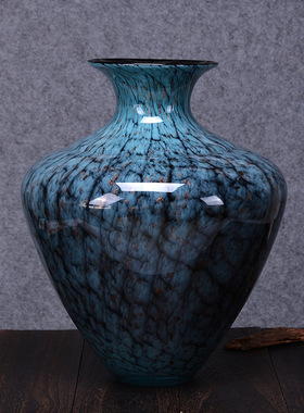 蓝炸纹花瓶摆件家居装饰大肚花瓶客厅落地琉璃花瓶摆件乔迁礼物