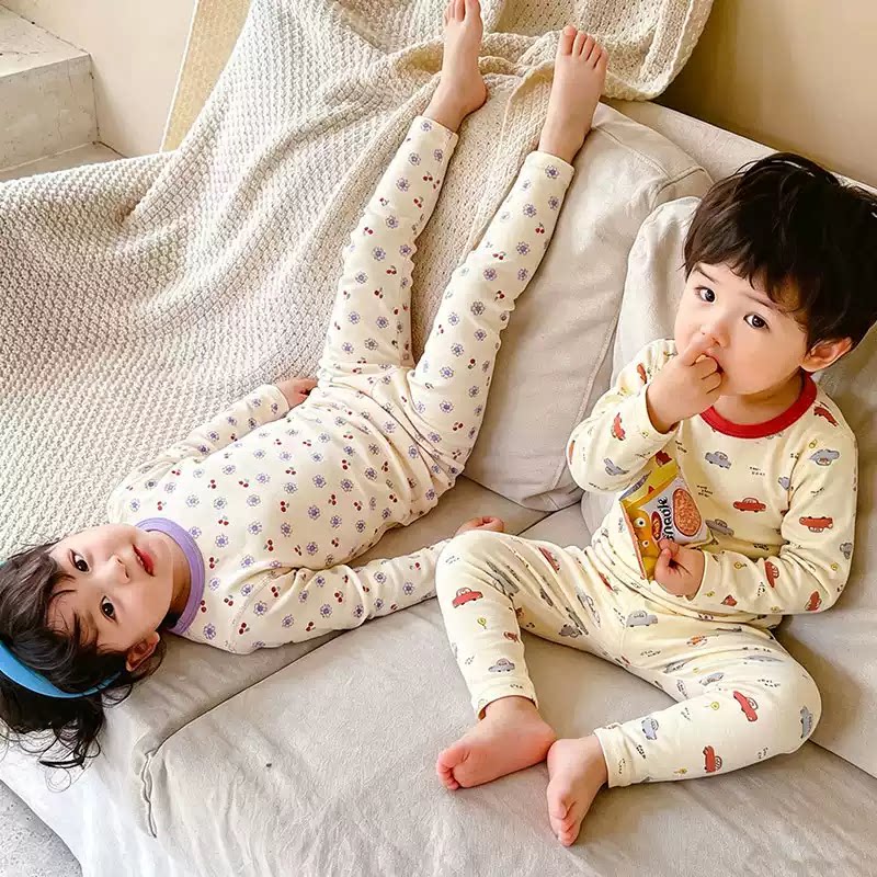 Class A pure cotton autumn and winter thermal underwear set for boys and girls, baby home clothes, autumn clothes and long pants, children's pajamas, comfortable