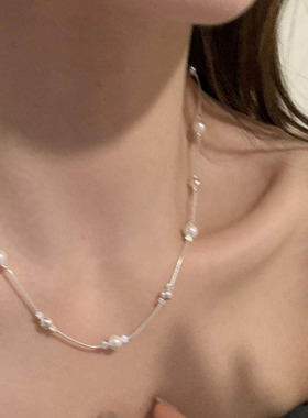 韩版间隔珍珠银珠项链ins风个性银珠女简约小众设计锁骨链毛衣链