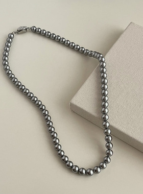 高级感真多麻灰色珍珠正圆项链