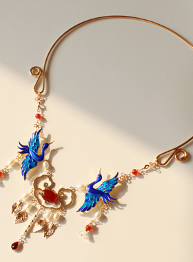 夕颜手作原创烧蓝仙鹤玛瑙项圈