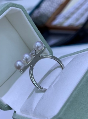 S925纯银平衡木多珠5-6海水akoya戒指正圆戒指指环设计款送女友