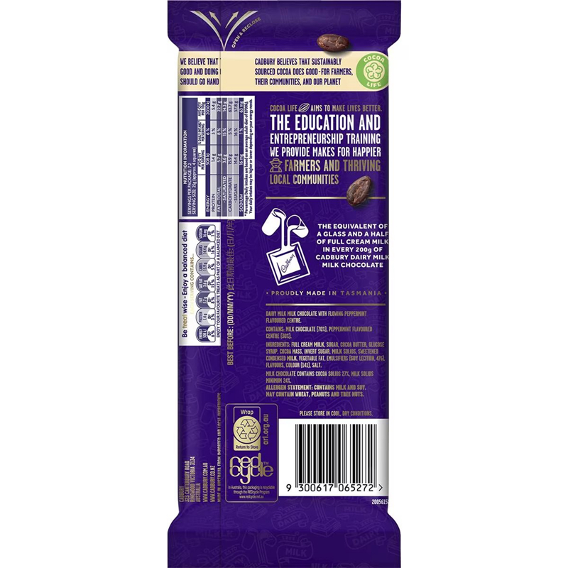 Cadbury Dairy Milk Peppermint Chocolate Block薄荷巧克力180g-图0