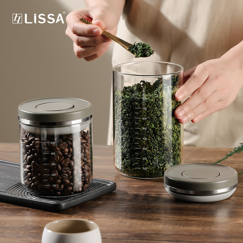 LISSA按压式密封罐食品级高硼硅玻璃储物罐收纳罐白糖咖啡保存罐 - 图1