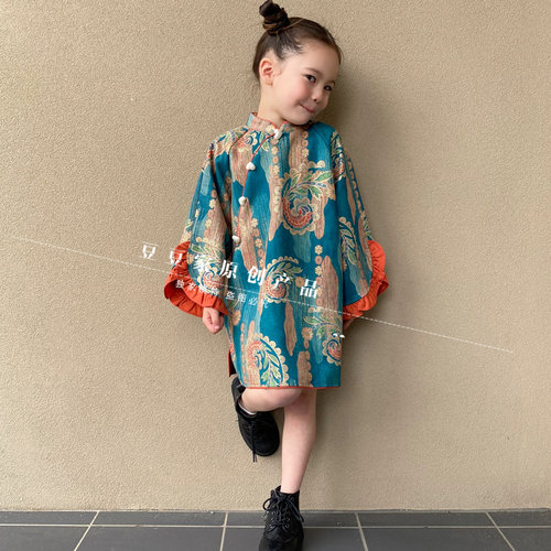 豆豆原创汉服女童秋装2026新大喇叭袖宝宝旗袍儿童民国风特色古装 - 图0
