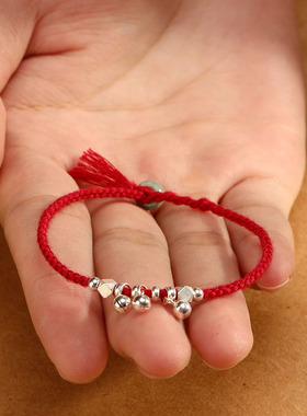 本命年925银碎银几两纯银铃铛红绳转运珠红绳手链纯银小手绳