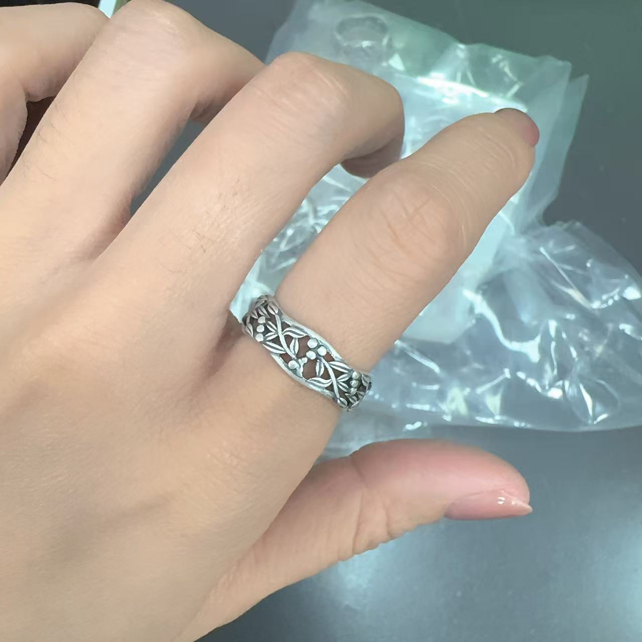 Zichan S999 pure silver vintage flower open ring