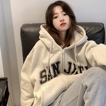 TXT zipped open for autumn and winter American loose Lazy Wind Even Cap Sweatshirt Woman Oversize Plus Suede Thickened Jacket