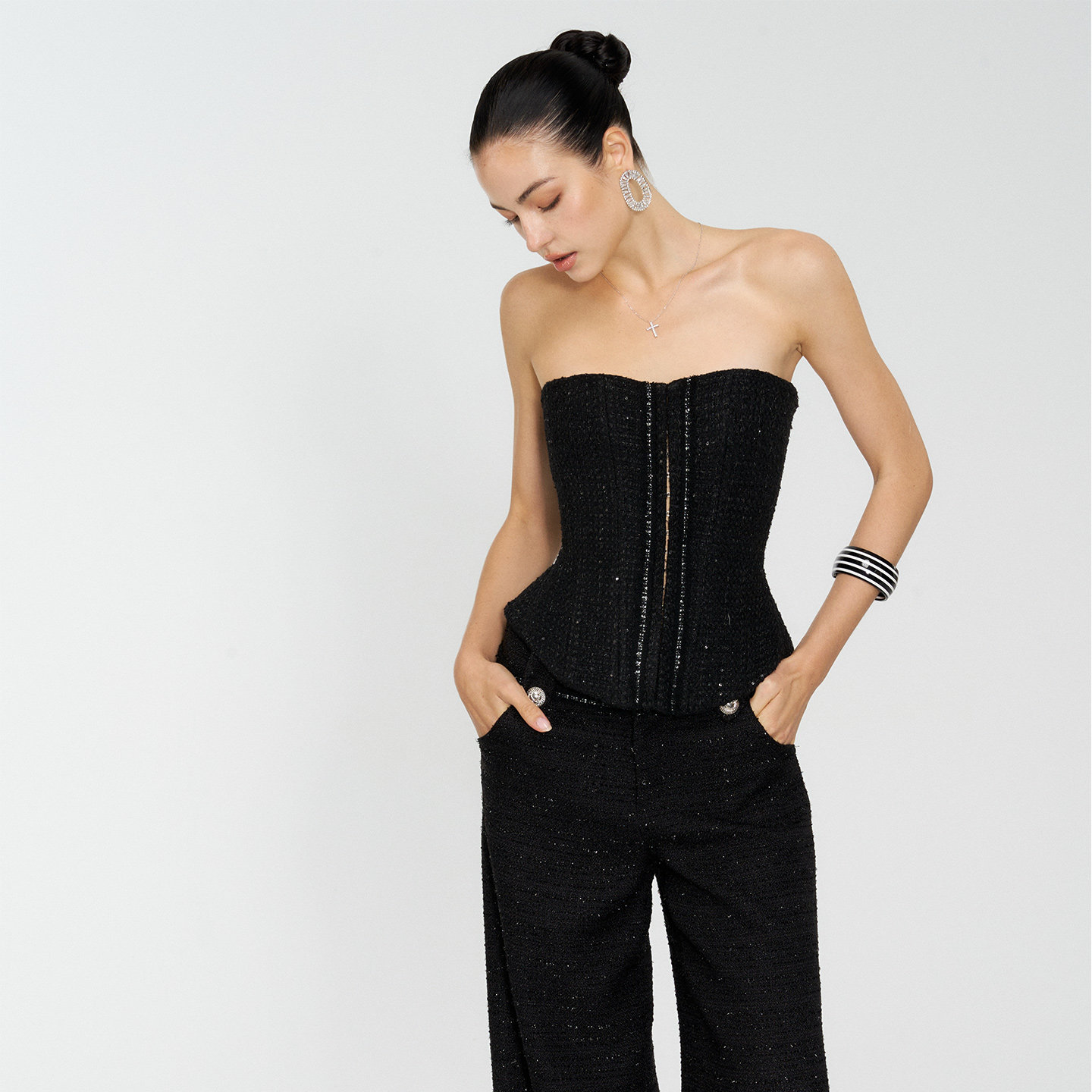 4muggle"黑色月光"小香风羊毛三件套法式吊带性感长裤显瘦外套女,淘宝优惠券,粉丝福利购,淘宝优惠卷