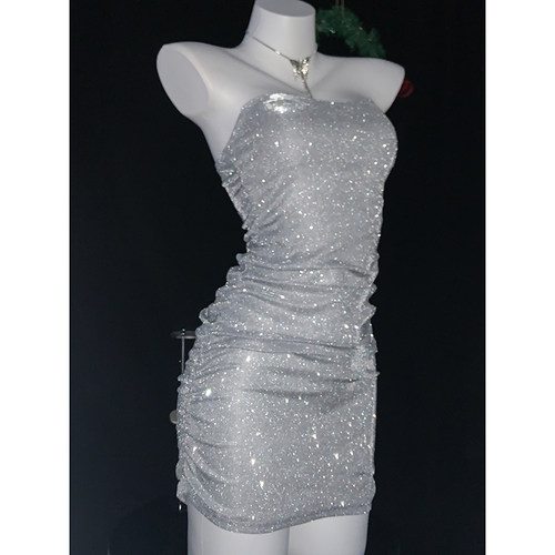 【Peach heart】包臀裙闪粉新品性感V领抹胸连衣裙夜店*会掉闪粉 - 图2