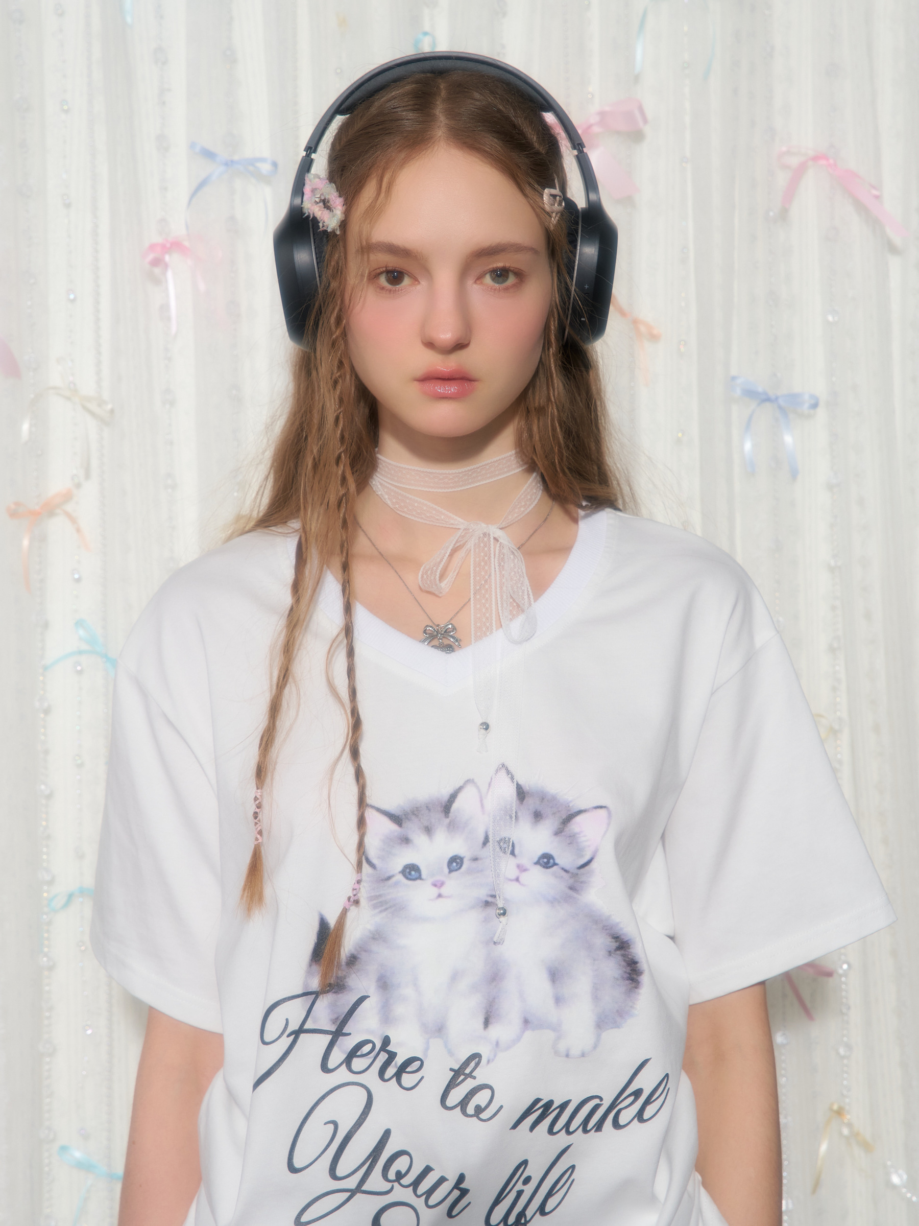 ziziFei夏季美式复古设计感猫咪印花抽绳V领宽松上衣短袖T恤女-图3